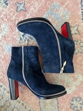 Christian Louboutin Telezip 85 Navy Suede Zip Ankle Boots 36.5